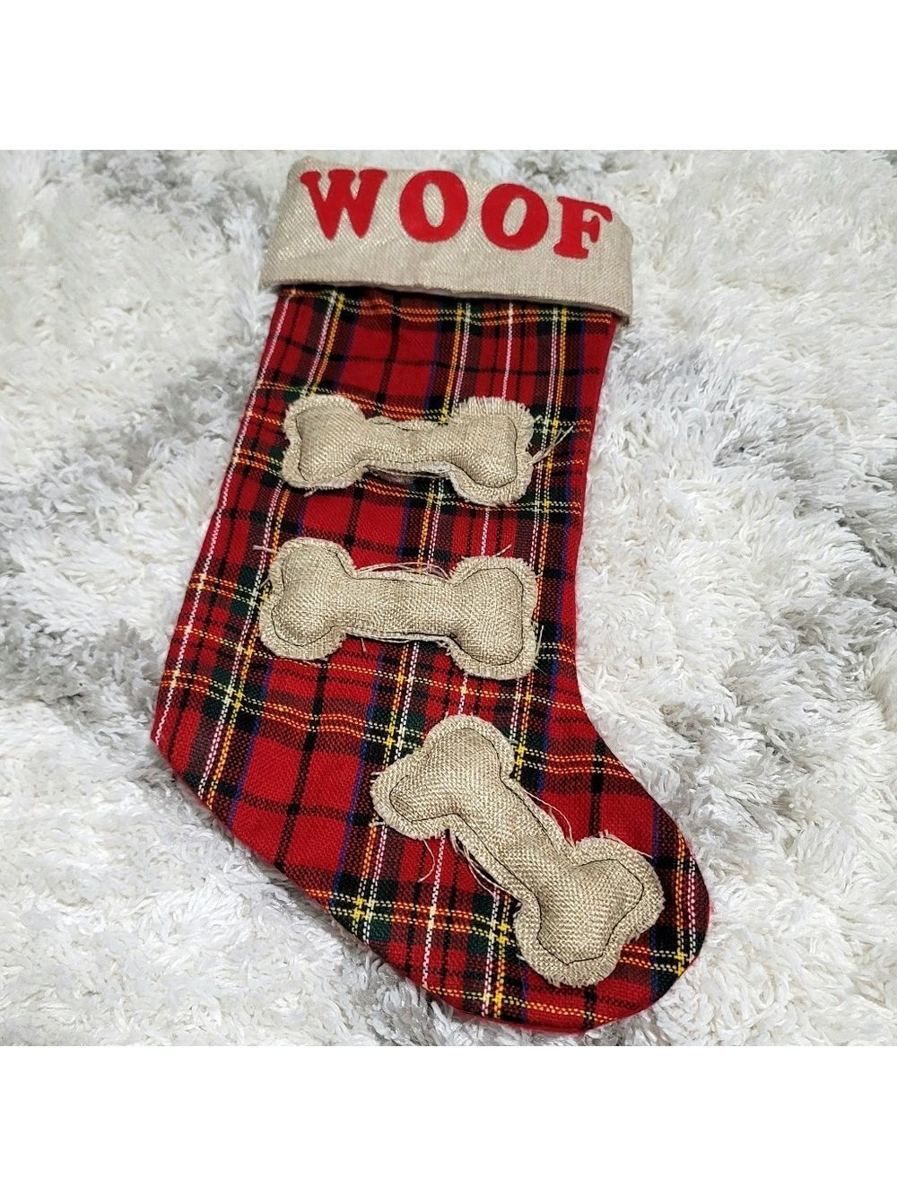 Vintage WOOF  Christmas Festive Plaid Pets Stocking